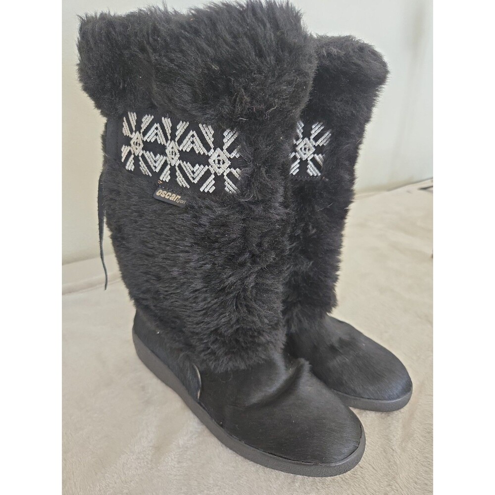 Oscar Sport Womens Black Fur Mid Calf Boots Italy Size 39